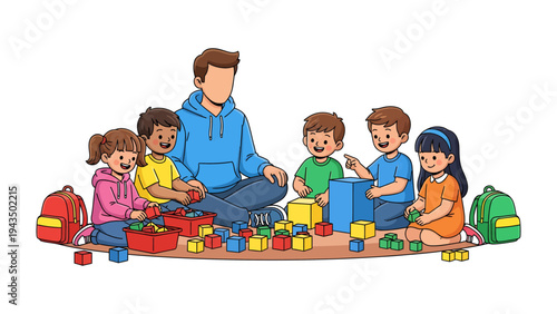 Nurturing Minds, Building Futures: A caring instructor guiding a group of enthusiastic young children as they engage in creative block play.