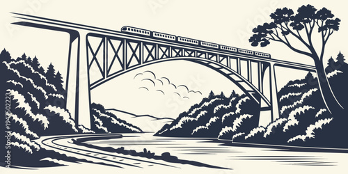 Vintage illustration of a train bridge over a river with trees and hills in the background in black and white