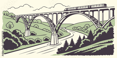 Vintage illustration of a train crossing a large bridge over a winding road in a green landscape with trees and hills