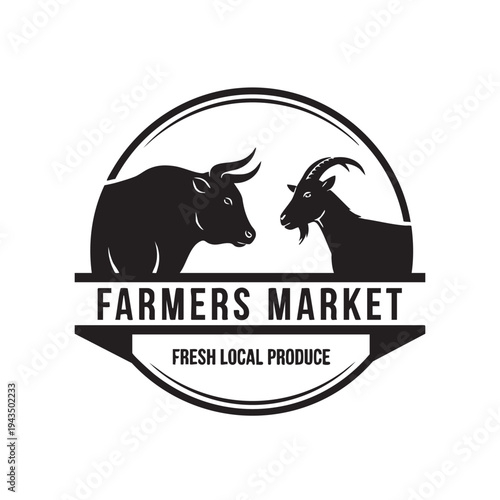 Fresh local produce logo for farmers market store with cow and goat