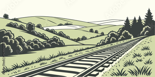 A serene landscape of rolling hills and railroad tracks surrounded by lush greenery and trees on a sunny day with a white sky