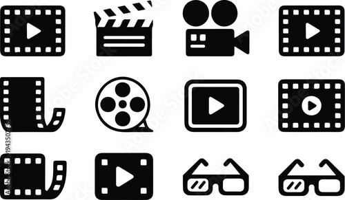 black cinema icons including film reels clapperboards cameras and 3D glasses for movie production and entertainment.