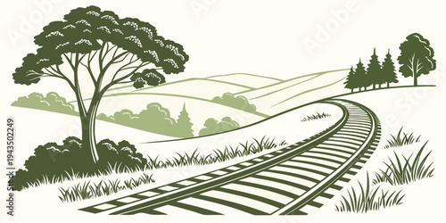 A serene landscape illustration of a railway track curving through a rural area with trees and grass
