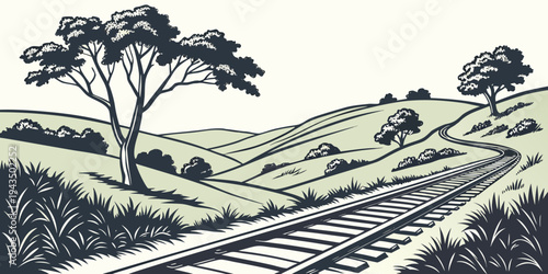 A black and white illustration of a railroad track winding through rolling hills with trees and grass
