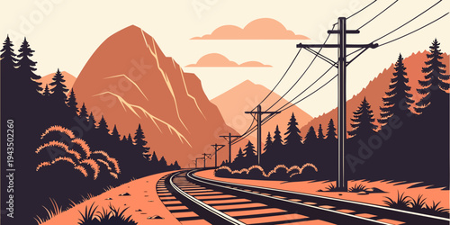 A scenic railroad track winding through a forest with mountains in the background at sunset or sunrise with power lines overhead