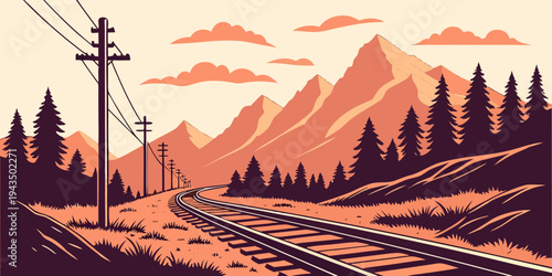 Vintage illustration of railroad tracks leading to mountains with trees and power lines at sunset with orange and purple hues