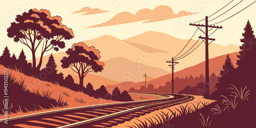 A scenic railway track surrounded by trees and hills at sunset with power lines running alongside the tracks in the countryside