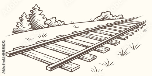 A black and white illustration of a railroad track with trees in the background on a beige colored background