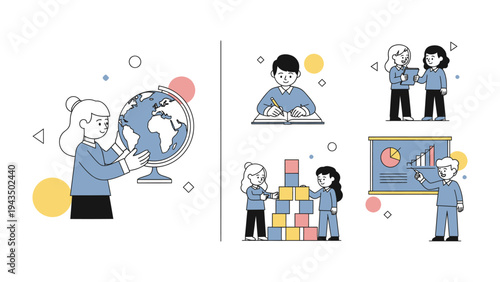 Knowledge and Collaboration in Study Scene: Students immersed in the pursuit of knowledge, collaborating and constructing, and presenting, learning through the globe and charts.