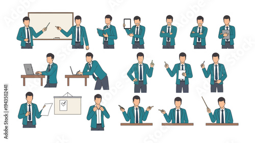 Businessman in action: A comprehensive illustration showcasing a businessman in various poses, gestures, and settings, highlighting professional versatility and adaptability in the workplace.
