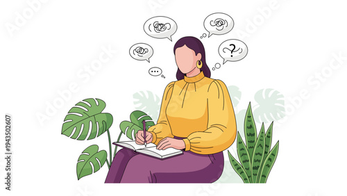 Inner Reflection: A thoughtful figure, pen in hand, journals amidst lush greenery, capturing moments of self-discovery and the quiet process of sorting through complex thoughts.