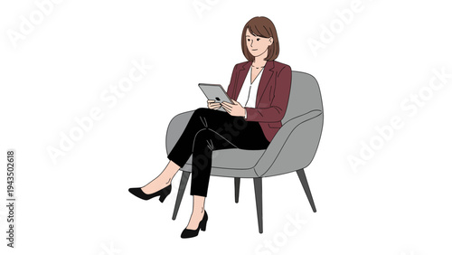 Businesswoman in Thought: A focused woman sits gracefully in a chair, engrossed in her tablet, a scene that speaks volumes about modern professional life and its blend of comfort and productivity.