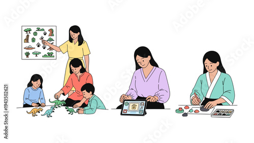 Teacher-led Activity: A teacher guides young children through various activities. The children are seen engaged in interactive learning experiences.