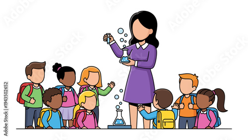 Classroom Chemistry: A dedicated teacher leads an exciting science experiment, enthralling a group of curious students, creating a captivating scene of learning and discovery.