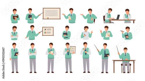 Teacher's Variety: A set of cartoon illustrations presents a teacher in various poses, from presenting information to working at his desk. A versatile collection.