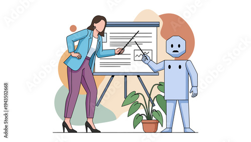 AI and Human Collaboration: A female instructor and a robotic assistant collaborate to explain ideas using a presentation board, highlighting the fusion of human knowledge and artificial intelligence.