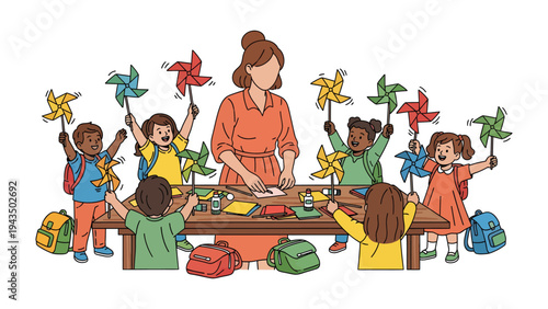 Joyful Kindergarten Learning: A teacher guides a diverse group of young children through an engaging classroom activity, each child happily waving a colorful pinwheel. 