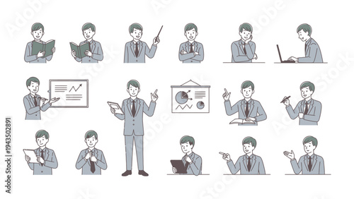 Business Professional Poses: A series of illustrations capturing a professional in various business scenarios, suitable for depicting workplace dynamics and presentations.