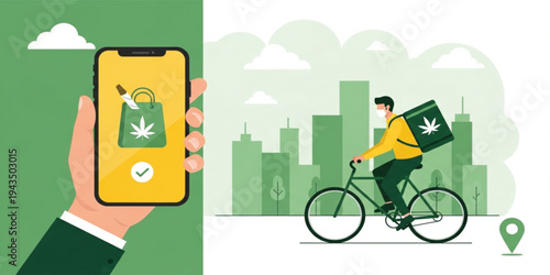Online Cannabis Delivery Service Concept with Mobile Order Confirmation and Bicycle Courier Delivering Marijuana Package in Urban City Environment
