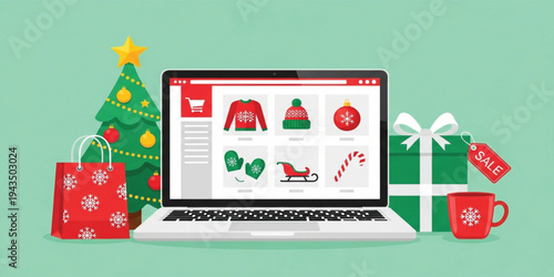 Online Christmas Shopping Concept with Laptop Displaying Holiday Gifts, Winter Clothing and Decorations Representing Ecommerce Sale, Festive Discounts and Digital Retail