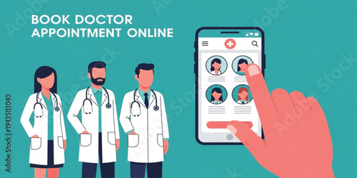 Online Doctor Appointment Booking Concept with Smartphone App Interface and Medical Professionals Representing Digital Healthcare Scheduling, Telemedicine Services and Patient Access