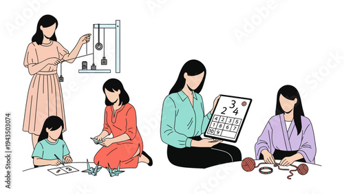 Woman and Child in Art Class: Several women and children engaging in a diverse array of creative endeavors. From experimenting with pendulums to sketching on paper.