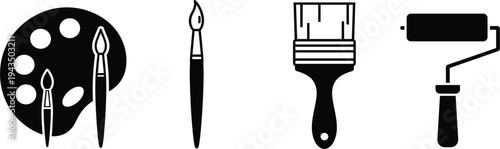 Painting and Art Tool Icon Set Featuring Paint Palette, Artist Brushes, Paintbrush, and Roller for Creative Design, Decoration, and Artistic Work