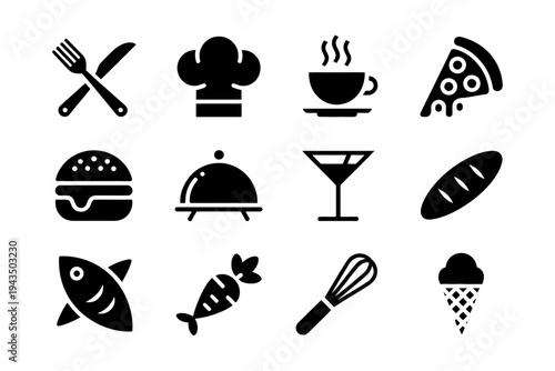 Black icons of food and drink.