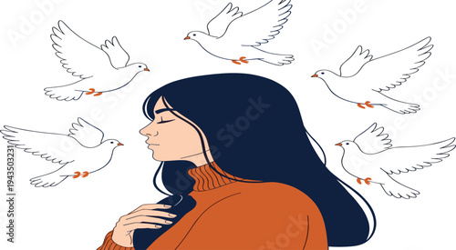 Peaceful Woman Portrait with Flying White Doves Symbolizing Freedom, Hope, Inner Peace, Mindfulness, and Emotional Healing Concept in Minimalist Vector Illustration Style