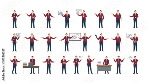 Business Presentation Expressions: a collection of diverse illustrations showcasing a person in various poses, gestures, and contexts for a business or educational presentation.
