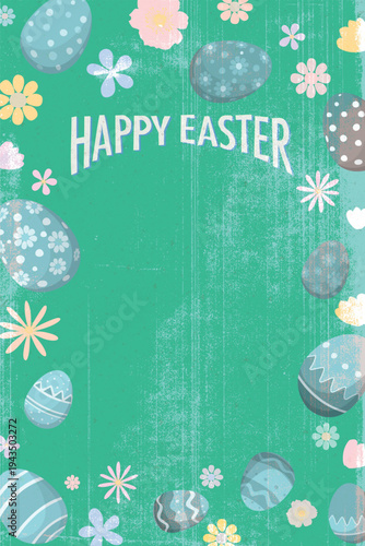 Happy Easter greeting card, poster or banner hand drawn illustrated have blank space on green background with defect printing from copy machine.