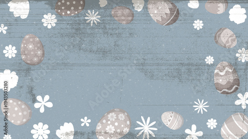 Easter eggs and spring flowers hand drawn on old paper rough texture background with ink stains from defect copy machine have blank space.