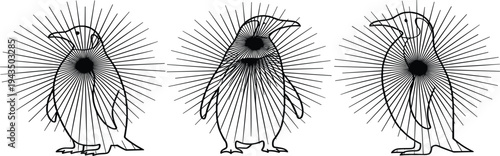 Penguin Line Art Illustration Set with Radiating Sunburst Background, Minimal Monochrome Wildlife Bird Design for Logo, Tattoo, Emblem, and Vintage Badge
