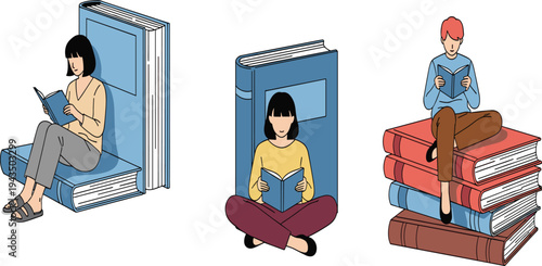 People Reading Books Illustration with Students Sitting on Large Book Stacks for Education, Learning, Study Concept, and Library Vector Design