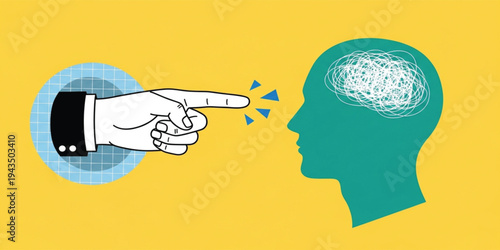 Psychological Pressure and Mental Stress Concept Illustration with Pointing Hand Accusing Person and Chaotic Mind Symbolizing Anxiety, Blame, Criticism, and Emotional Struggle