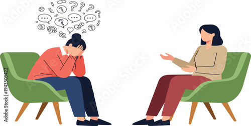 Psychologist Counseling Depressed Patient in Therapy Session with Woman Expressing Emotional Stress, Mental Health Support, Communication, and Psychological Treatment Vector Illustration