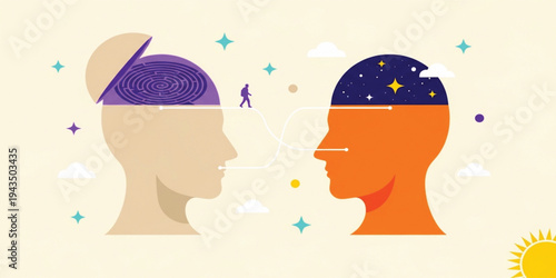 Psychotherapy and Mental Health Support Concept with Human Head Silhouettes Connected by Pathway Symbolizing Counseling, Mind Healing, Emotional Balance, and Psychological Therapy