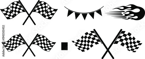 Racing Flag Icon Collection with Checkered Flags, Speed Flame, and Bunting Banner Motorsport Symbols Black Vector Set for Race Events, Sports Graphics, and Design