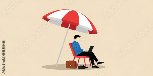 Remote Work Concept with Businessman Using Laptop While Sitting Under Beach Umbrella, Freelance Digital Nomad Lifestyle, Online Work and Flexible Workplace Illustration