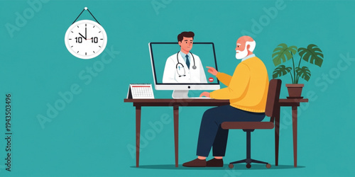 Senior Man Having Online Doctor Consultation on Computer, Telemedicine Video Call with Physician, Remote Healthcare and Digital Medical Appointment Concept Illustration
