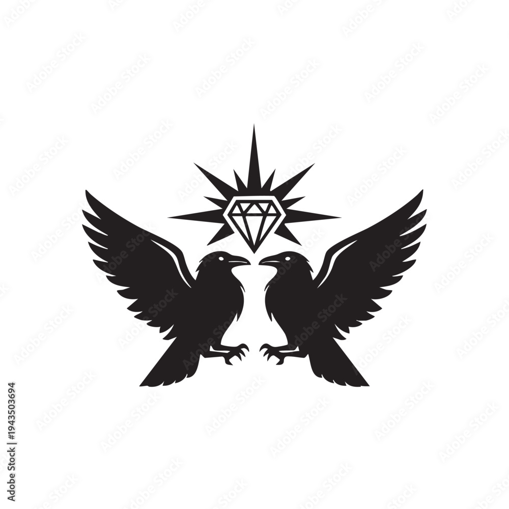 Obraz premium Black silhouette poster features two birds facing each other under a diamond star.