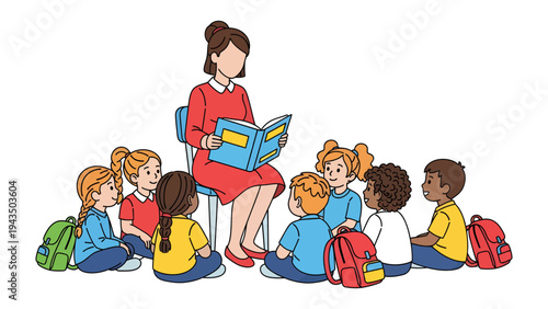 Story Time in the Classroom: A teacher captivates a circle of attentive children with a captivating story, fostering a world of imagination and learning.