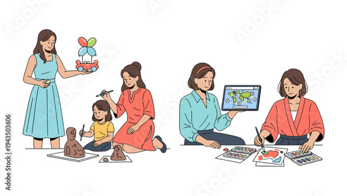 Mother and child art: A series of illustrations capturing moments of mothers and children engaged in creative activities, fostering artistic expression.