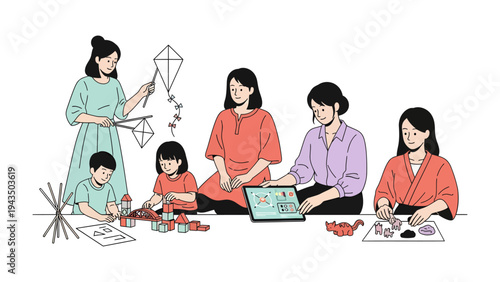 Family Activities & Education: A heartwarming scene captures family members immersed in various activities, with a focus on learning and creative projects that strengthen family bonds.