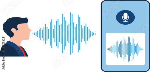 Voice Recognition Technology Concept with Man Speaking Sound Waves into Smartphone Microphone for Voice Command, Audio Recording, and Speech Identification Vector Illustration