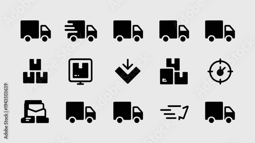 Black delivery and shipping icons on gray background.