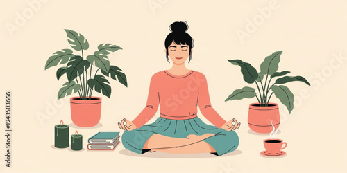 Woman Practicing Meditation and Mindfulness at Home Surrounded by Plants, Candles, and Tea Creating Calm Atmosphere for Mental Wellness, Relaxation, and Stress Relief
