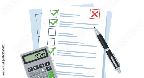 Calculator and pen on checklist document.