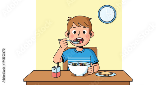 Boy Eating Cereal with Spoon at Table.