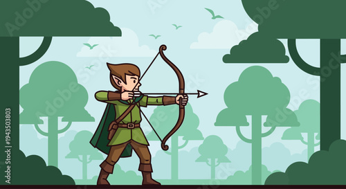 Cartoon Archer Aiming Bow and Arrow.